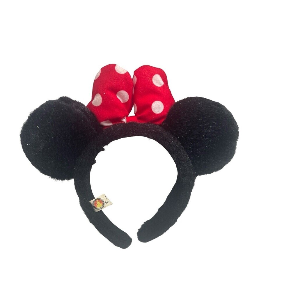 Vtg Disney Parks Black Furry Minnie Ears Headband Red White Polka Dot Puffy Bow